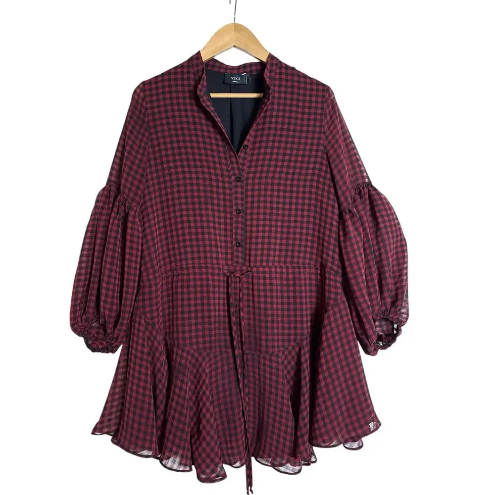 VICI Red & Black Gingham Plaid Long Sleeve Mini Dress Drawstring Waist Sz S NWOT